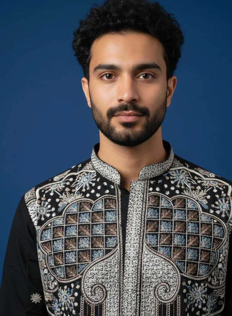 Lehar Men's Hand-Embroidered Chanderi Silk Kurta in Black with Intricate Mughal-Inspired Patterns
